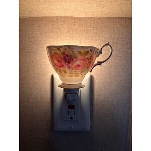 Handcrafted Vintage Floral Porcelain Teacup Night Light Plug In Rose Gold Trim